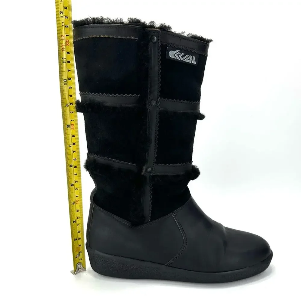 Dival Italy Elisa Black Winter Boot Sz 8 Leather Wool Lining Low Wedge Mid-Calf